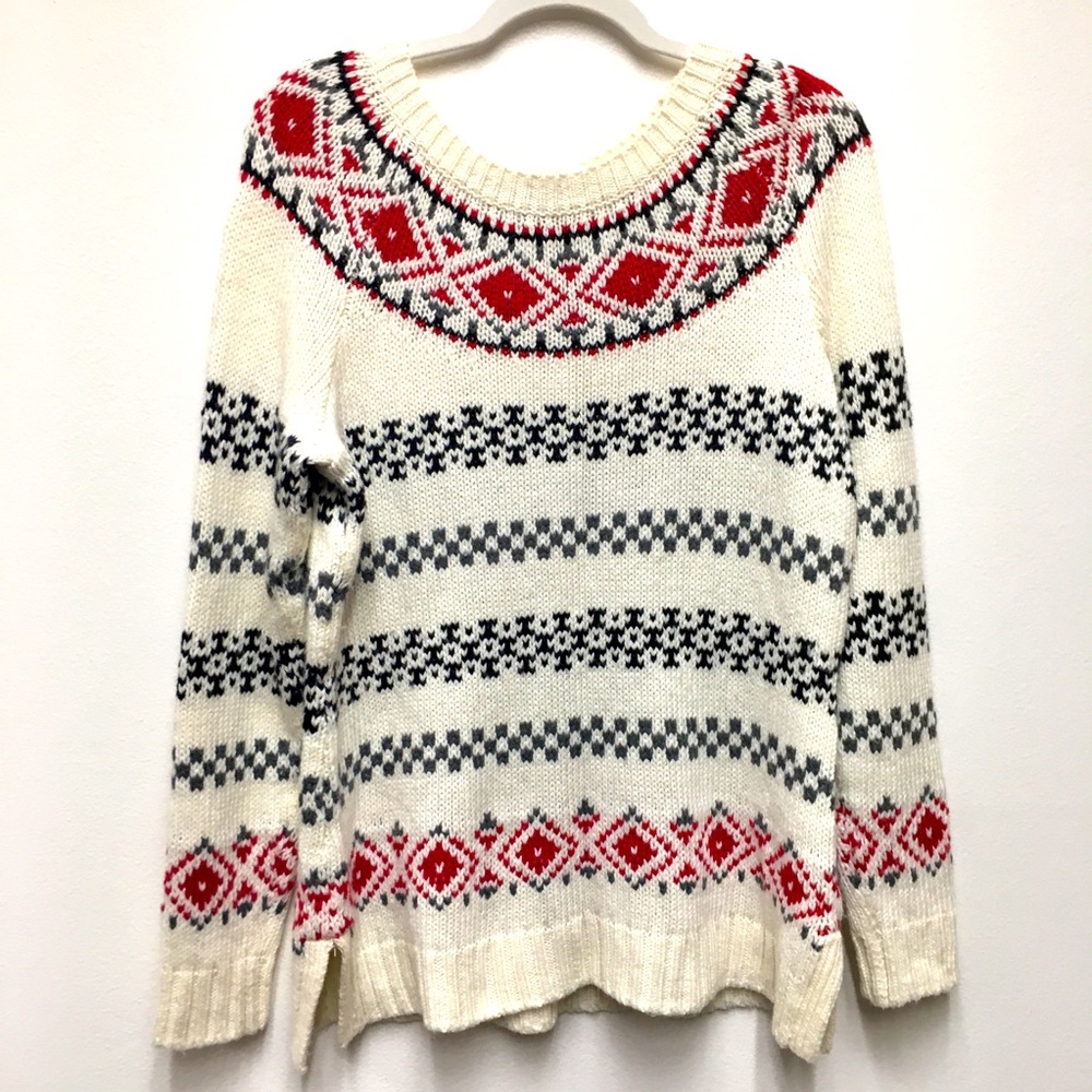 Talbots Wool Blend Fair isle Crewneck Sweater Petite Medium Cream Red Holiday